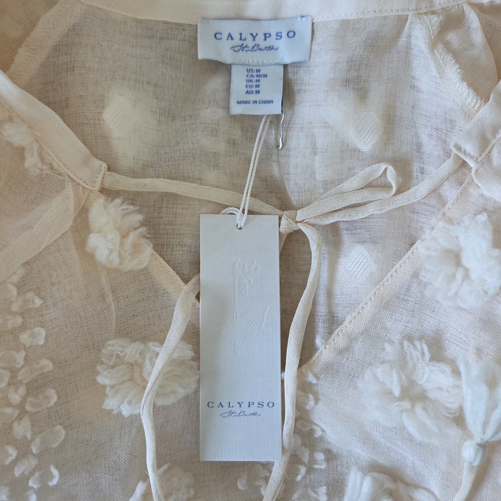 Calypso St Barth Cream Textured Sheer Tassel Tie Blouse Womens Size Medium - Picture 7 of 8
